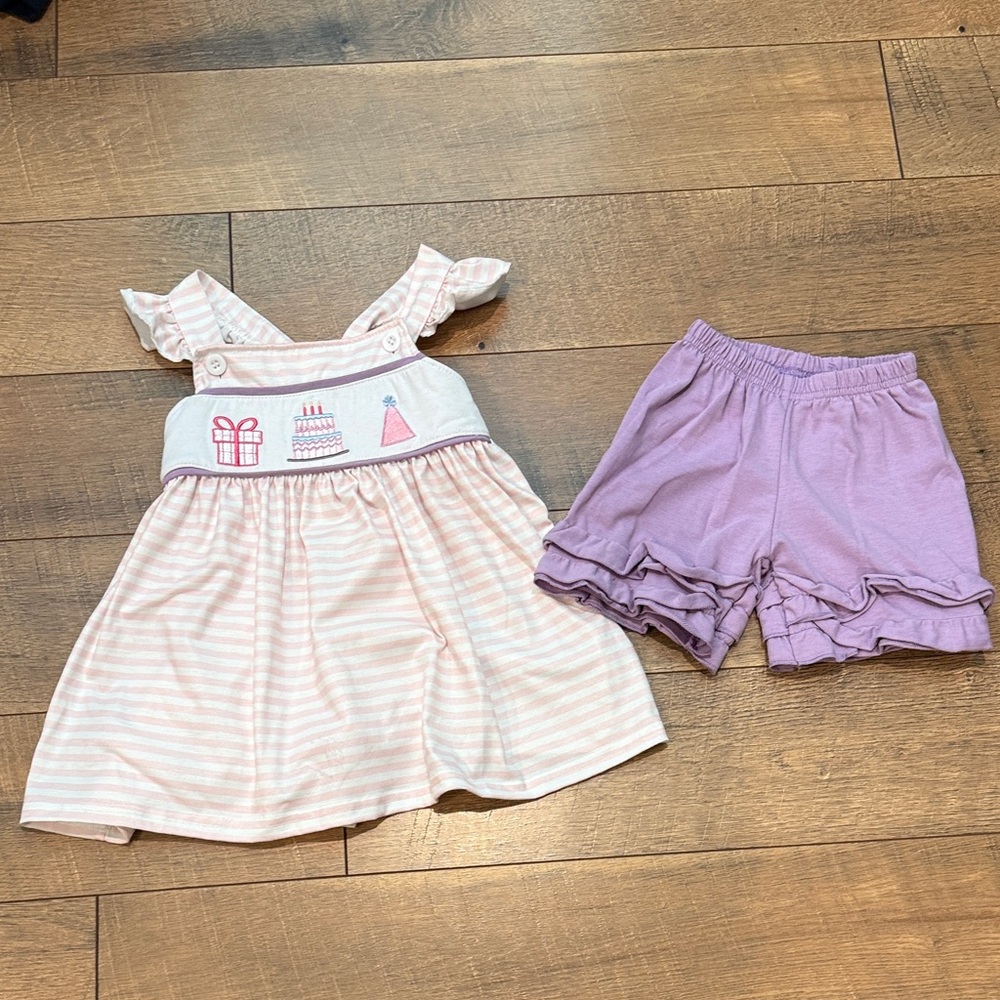 Pink Striped Smocked Birthday Outfit with Purple Ruffle Shorts